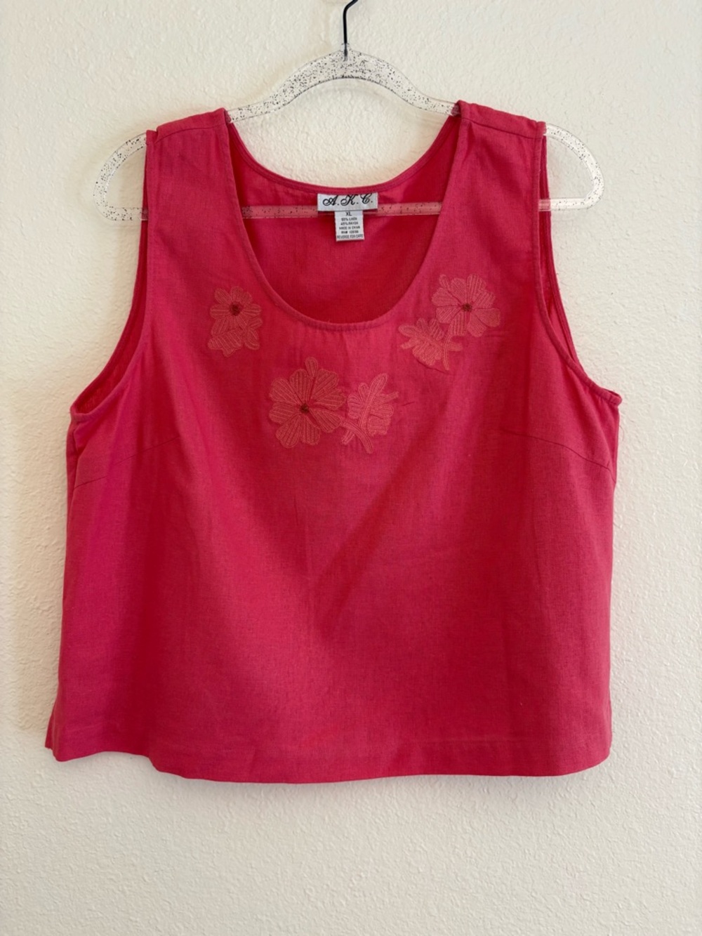 a.n.a Bright Red Floral Embroidered Scoop Neck Tank Linen Blend